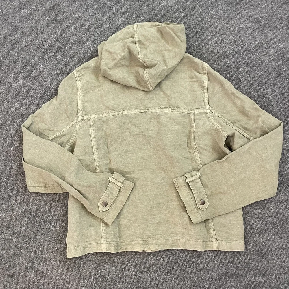Nicole Miller Lightweight Linen Jacket Women's Large Olive Camp Shirt Snap Front